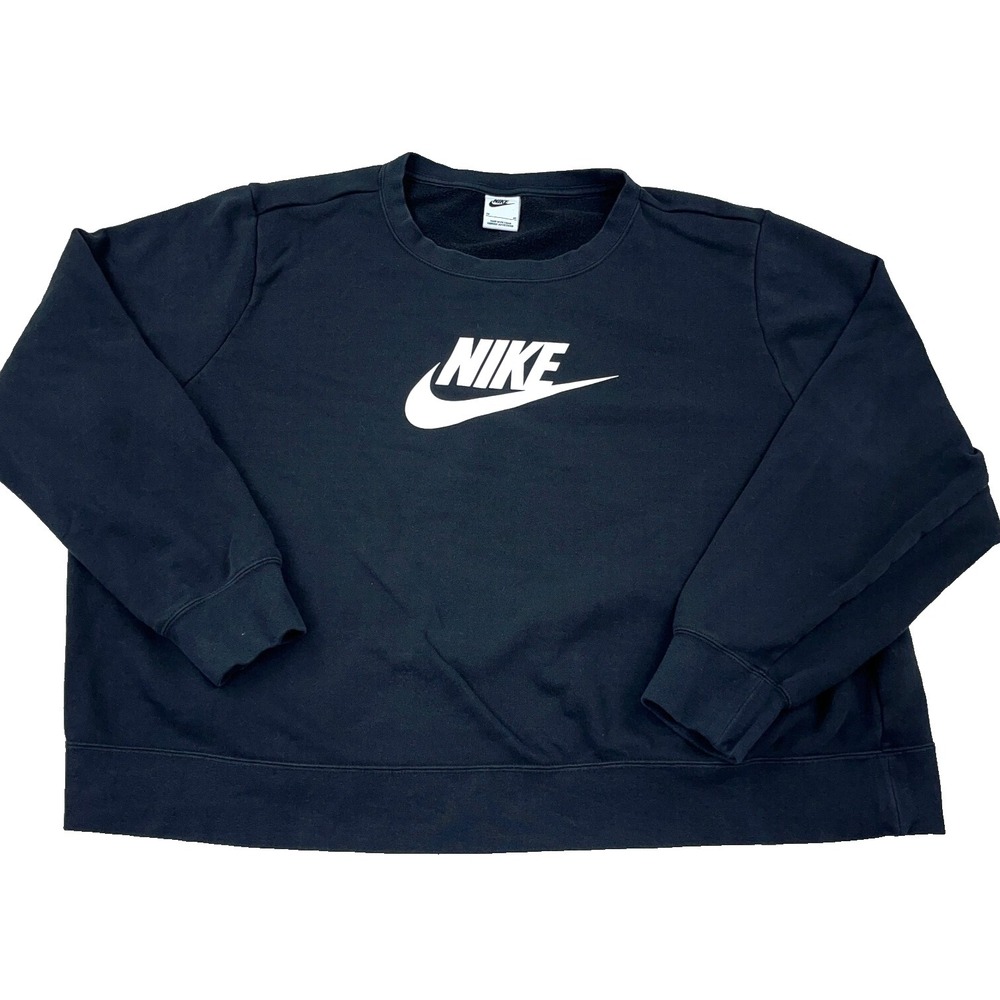 Nike Sweatshirt Women 2X Black Crew Neck Sweater Cropped Crop Top Swoosh Plus